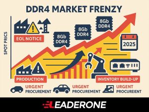 Infographic showing DDR4 market frenzy with surging prices, reduced supply, and demand spike from industrial sectors.