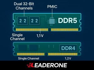 Visual comparison of DDR5 and DDR4 modules showing architecture and power management differences.