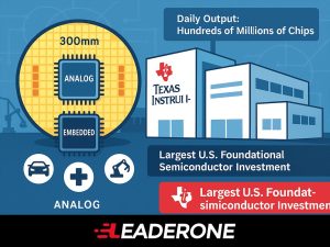 Infographic of Texas Instruments producing analog chips from 300mm wafers with $60B U.S. semiconductor fab investment.
