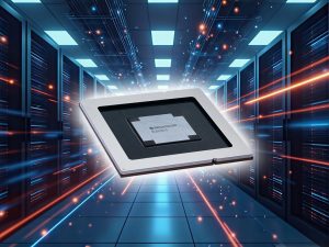 Conceptual image of an AI data center leveraging Broadcom Tomahawk 6 switches for ultra-high-speed networking, enabling faster AI training and hyperscale computing.