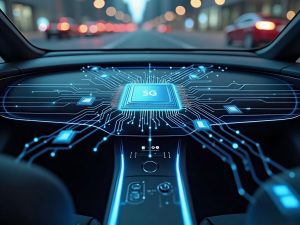 Cutaway view of an intelligent in-vehicle terminal inside a car, showcasing key components like processors, sensors, and connectivity modules essential for autonomous driving.