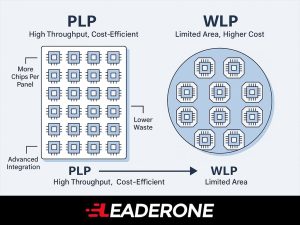 Vector comparison of Panel-Level Packaging and Wafer-Level Packaging showing chip density and efficiency differences