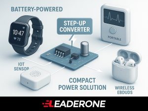 Illustration of electronic devices like wearables and IoT sensors using small boost converters to step up voltage from batteries.