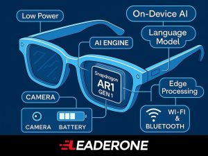 Illustrated breakdown of Snapdragon AR1 Gen 1 smart glasses with labeled AI and connectivity components for on-device language processing.