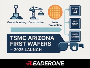 Timeline infographic of TSMC Arizona’s first wafer production and shipment to NVIDIA, AMD, and Apple in 2025.