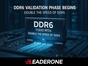 DDR6 memory module undergoing validation, labeled 17,600 MT/s, mounted on CAMM2 server board with AI data center in background