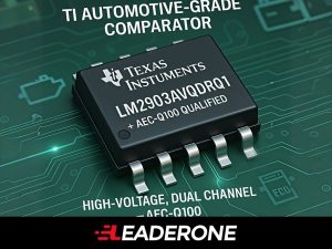 Texas Instruments LM2903AVQDRQ1 comparator in SOIC-8 package on PCB, labeled AEC-Q100 qualified, with icons for engine, battery, and ECU in background