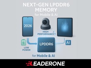 Futuristic concept showing LPDDR6 memory powering mobile and AI devices, emphasizing performance and power efficiency.