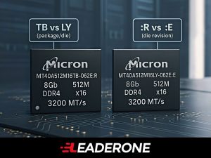 Micron MT40A512M16TB-062E:R vs MT40A512M16LY-062E:E DDR4 SDRAM chips compared with visual highlights of die revision and package type differences for enterprise and HPC memory.