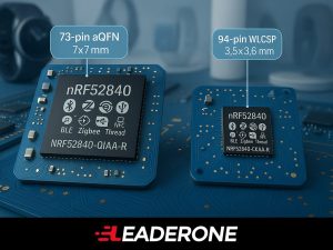 Side-by-side comparison of Nordic Semiconductor NRF52840-QIAA-R in aQFN package and NRF52840-CKAA-R in WLCSP package, highlighting size and package type differences for wireless IoT design.