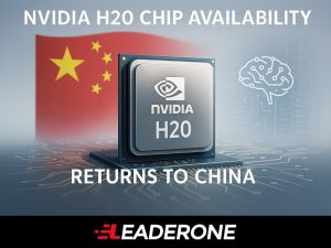 NVIDIA H20 GPU chip with Chinese flag background, symbolizing return to China under export control regulations.