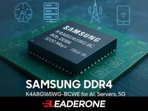 Samsung K4A8G165WG-BCWE DDR4 SDRAM chip labeled 8Gb 3200 Mbps FBGA-96, shown on PCB with icons for AI, server, and 5G applications.