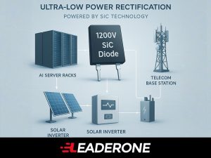 Infographic showing SiC diode use cases in AI servers, telecom systems, and solar inverters highlighting ultra-low power rectification.