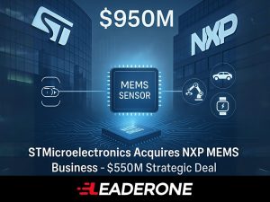 STMicroelectronics acquires NXP’s MEMS sensor business for $950M, symbolized by merged logos and a central MEMS chip with icons for automotive, industrial, and sensor technologies.