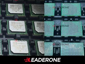 Close-up digital vector illustration of the Marvell 88X3310PA1-BUS4I000 Ethernet transceiver chip, showing its leads and labeled surface for technical and engineering use.