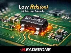 SI3404HE3-TP N-channel MOSFET on PCB, illustrating low Rds(on) with minimal heat generation, 3D render for electronics catalog