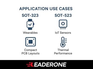 Infographic showing application differences between SOT-323 and SOT-523 packages for IoT, wearables, and compact electronics.